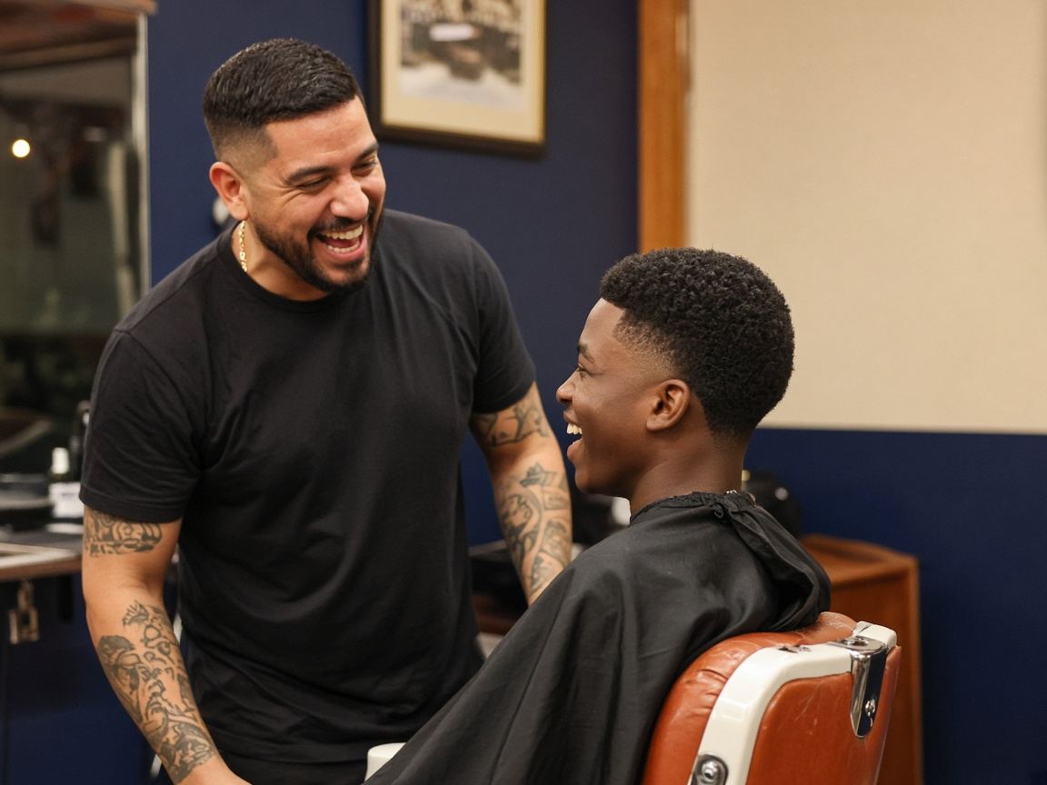A barber laughing with a young customer in the chair