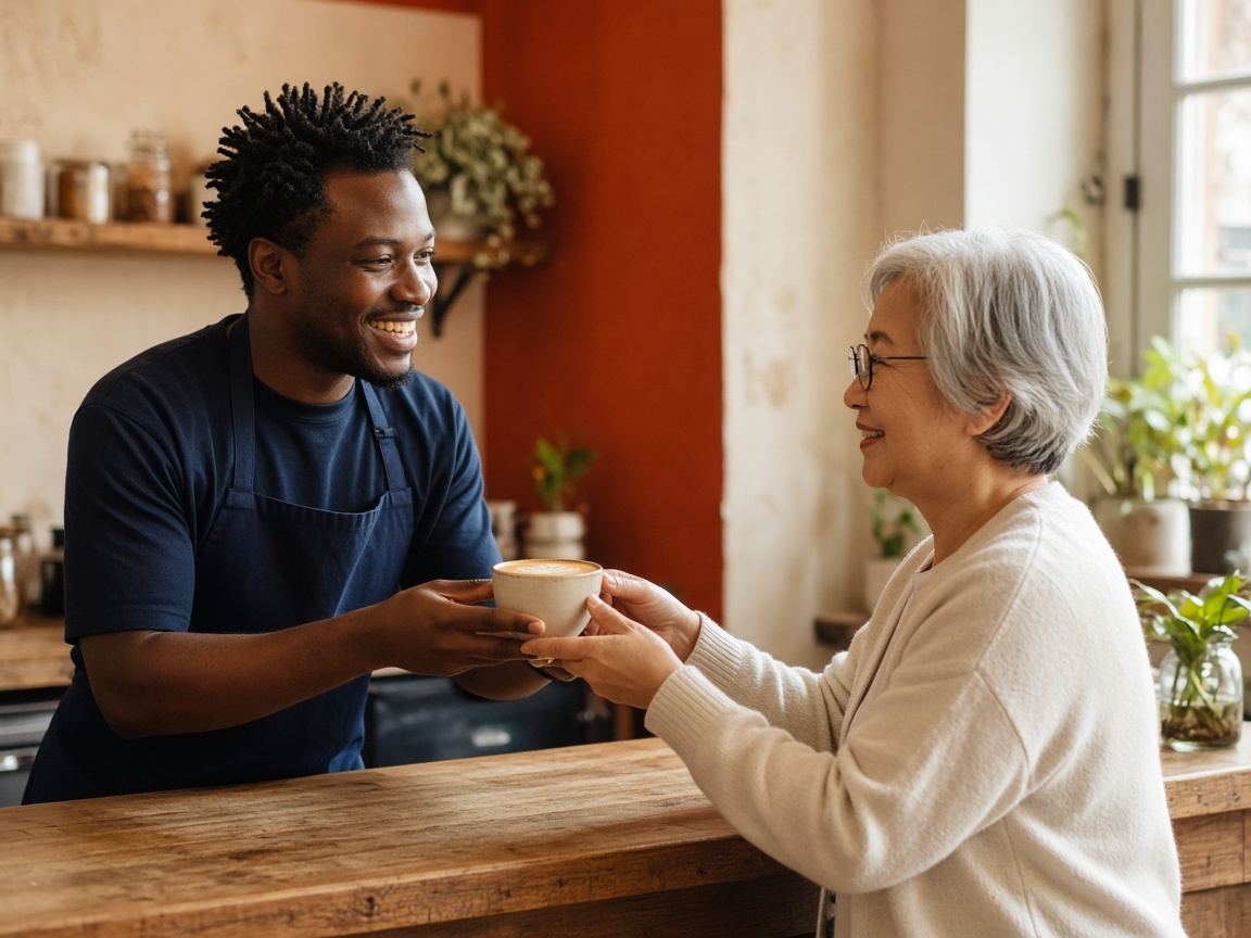A barista handing a smiling regular her coffee
