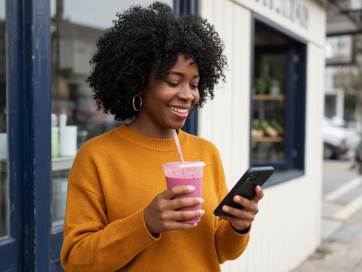 A customer with a smoothie smiling at an offer on her phone
